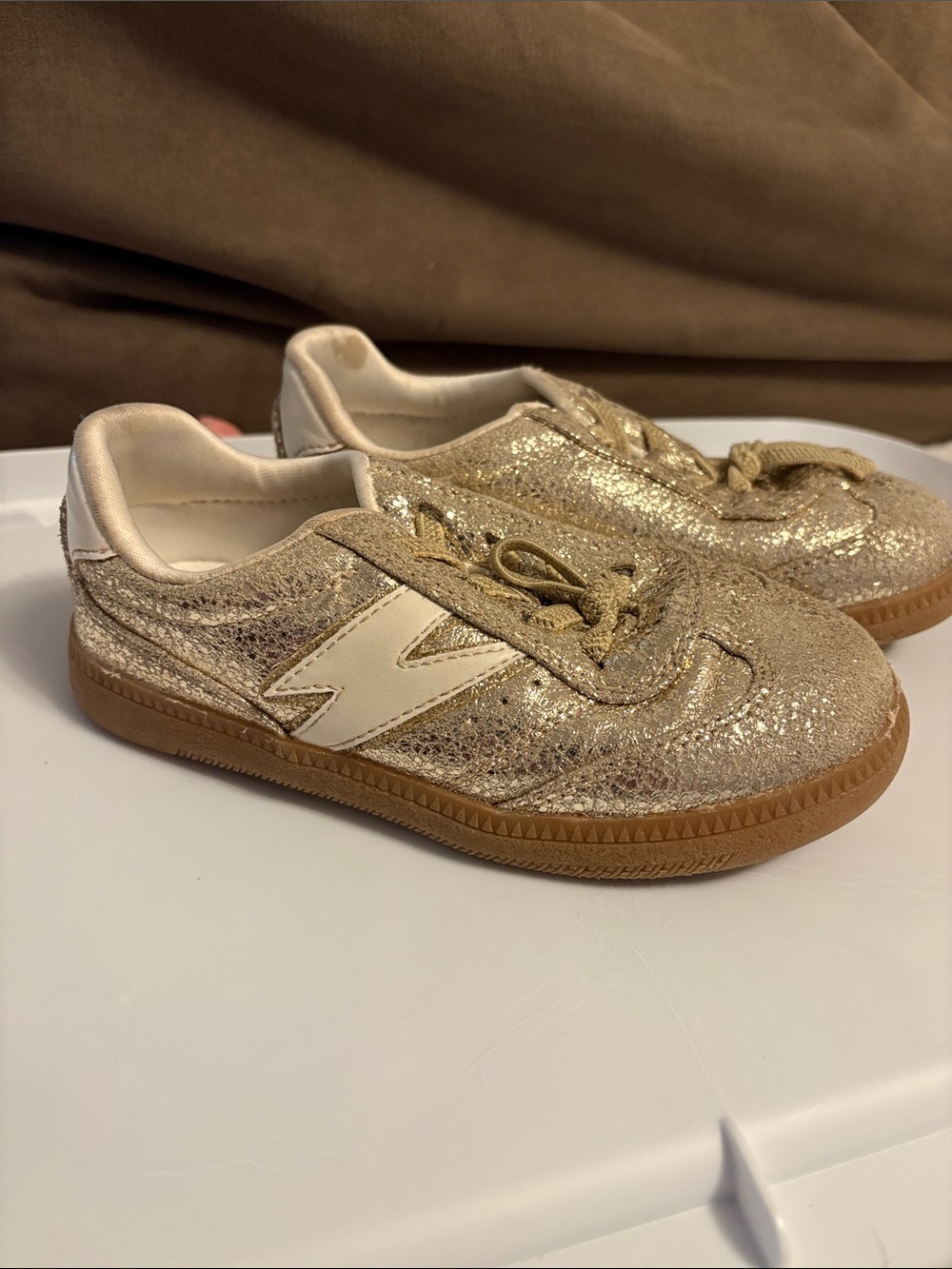 Steve Madden Kids Glitter Gold Sneakers with Cream Accent